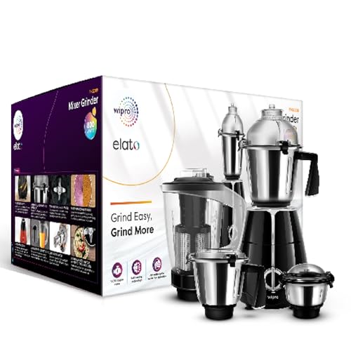 Wipro Elato FMG209 800 Watt Mixer Grinder with 4 Jars,Heavy Duty 100% Copper Ball Bearing Motor with 5 Year Warranty,Superfast Grinding,Clip Lids - Hands Free use, 4 Jars Mixer Grinder 800 Watt,Black