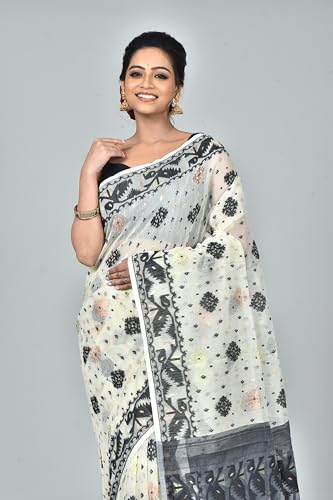 Saree Niketan Bengal Traditional Women's Cotton Silk Soft Jamdani Saree - Without Blouse Piece, White & Black