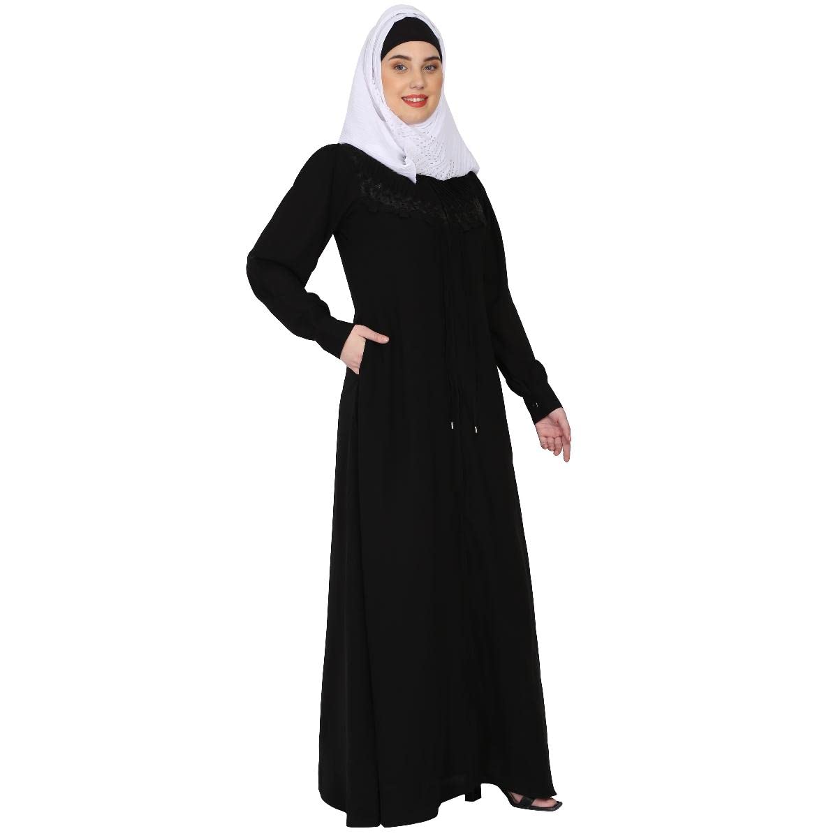 BT - Being Traditional Women’s Front Open Pleated Abaya in Nida Matte Fabric with Lace Work & Zipper Closure (2XL, Black)