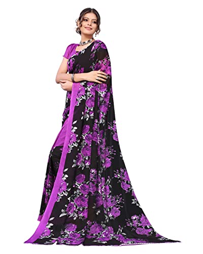 Tarshika Women's Violet Purple Floral Printed Georgette Saree with unstitched blouse piece(FLORAL VIOLET_W_Free Size)