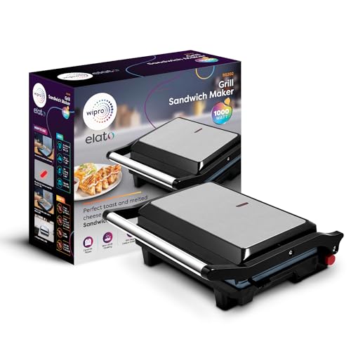 Wipro Elato BS202 1000 Watt Ceramic Grill Sandwich Maker, Scratch Resistant, 180° Open Sandwich Griller, Auto Cutoff, Non Toxic BPA, PTFE & PFOA Free, 2 Year Warranty, Regular Bread Size for 2 Slices