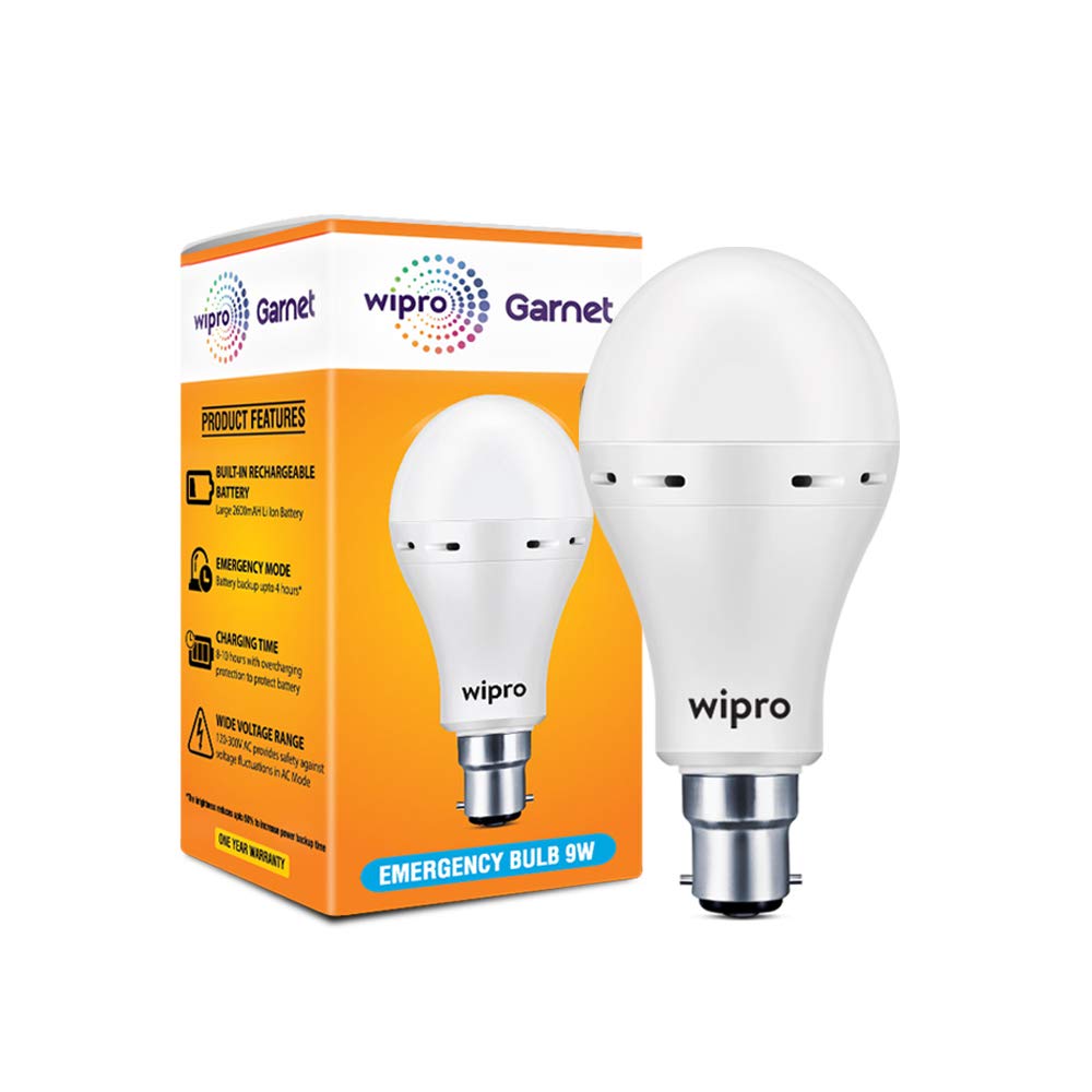 wipro Garnet 9w LED Emergency Bulb | Cool Day White (6500K) | B22 LED Bulb Base | Inverter Bulb for home, with 4 Hours battery back up| Li-ion Battery | Over charging Protection | Pack of 1