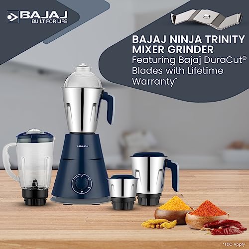 Bajaj Ninja Series Trinity 750W 4 Jar Mixer Grinder| DuraCut Blades by Bajaj|Powerful 750W Titan Motor| 3-SS Jars & 1 Juicer Jar| 5-Yr Warranty by Bajaj| Royal Blue