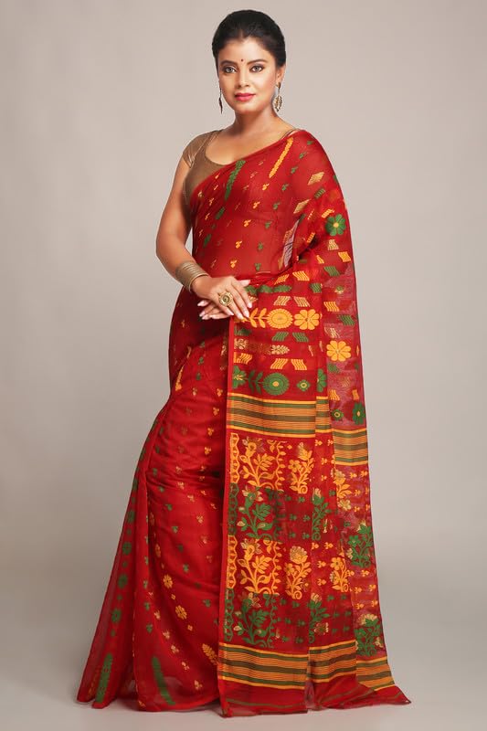 BENGAL HANDLOOM Women's Cotton Silk Dhakai Bbd3 Soft Jamdani Sarees - Yellow