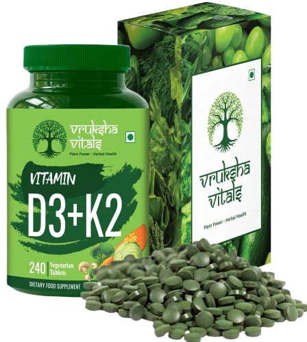 Vruksha Vitals Vit D3 & K2 100% RDA, 120 (+120 Extra)= 240 Tablets - For Adults & Kids - Plant based Vitamin D3 600 IU & Vitamin K2 as MK7 55 mcg, Vitamin D & Vit K Vegan Tablets/Capsules Supplement