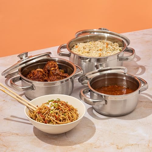 Vinod Stainless Steel Bremen Saucepot with Glass Lid - 2 Pieces, Capacity 1,1.5 and 2 Litre, Induction and Gas Stove Friendly, 2 Year Warranty, Silver