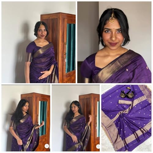WILLFE Women's Cotton Soft Silk Jamdani Sarees With Attach Unstitched Blouse Piece (Purple)