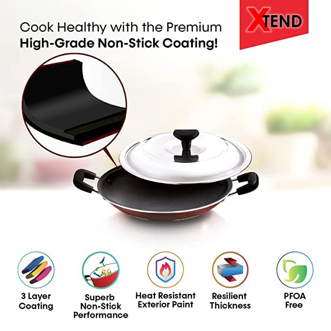 Xtend Supreme Non-Stick Appachatty/Appachatti/Appachetty with Stainless Steel Lid Appachatty with Lid 1.5 L Capacity 22 cm Diameter (Aluminium, Non-Stick)