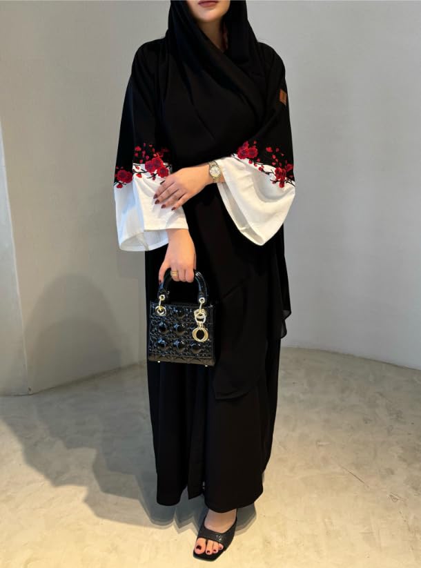 Women's Black Embroidered Burqa, Floral Design free size suitable up to 65kg body weight