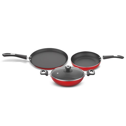 Preethi Dura Collection Non Stick Set, 28 cm Tawa, 26 cm Frying Pan, 26 cm Kadai, with Glass Lid, Gas & Induction Compatible, 5 Star Non Stick Effect, Chilly Red