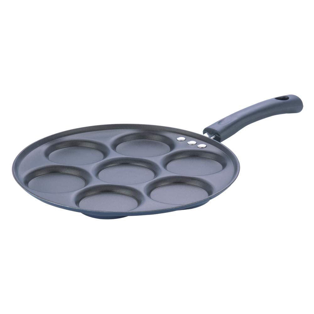 Vinod Zest Aluminium Non Stick Mini Uttapam Pan - 7 Cavaties, 26 cm | 3mm Thick | 3 Layer Coating | Bakelite Handle | Metal Spoon Friendly| Gas Base | 1 Year Warranty - Blue