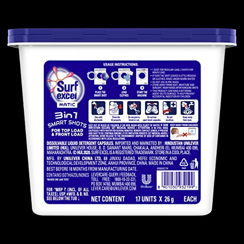 Surf Excel 3-in-1 Smart Shots Liquid Detergent For Front Load & Top Load Washing Machines | 17 Units for 17 loads | With Fragrance and Fabric Care