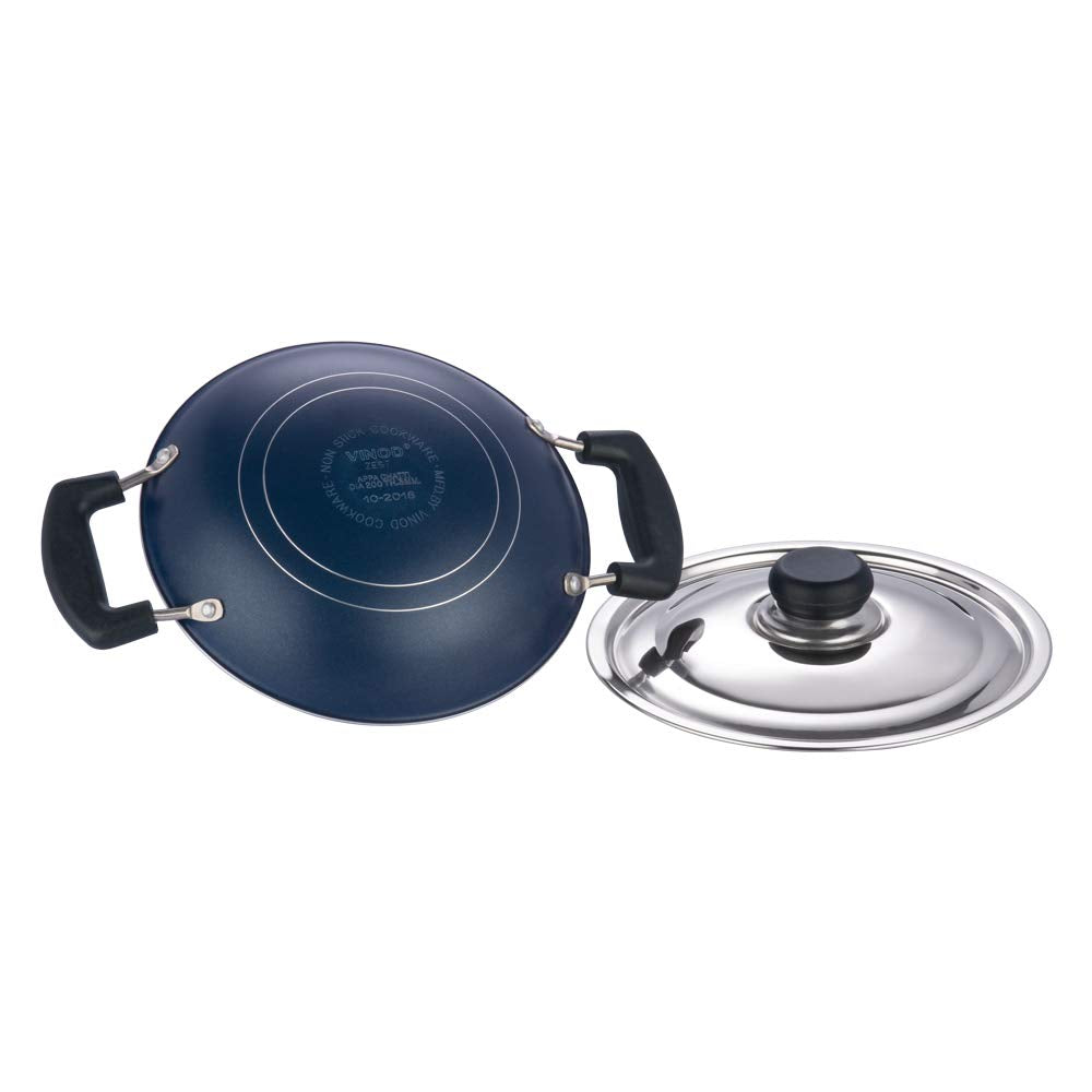 Vinod Zest Non Stick Appachetty with Lid - 20 cm| Appam Pan | 3 mm Extra Thick | 3 Layer Coating | Metal Spoon Friendly | Bakelite Handle | Gas Base | 1 Year Warranty - Blue