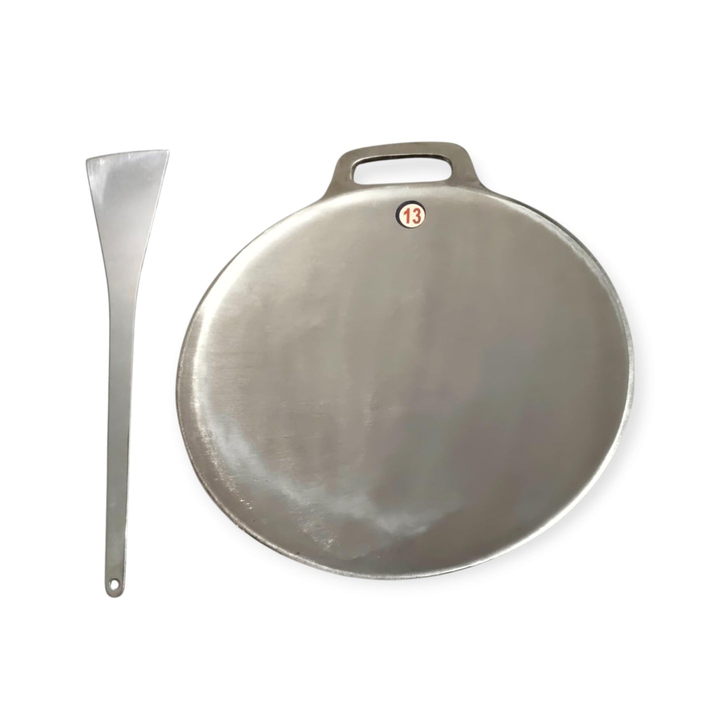 Trishav Indolium Dosa Kallu | Indolium Polished Dosa Tawa - Single Handle Dosa kal - 13 Inch with Stainless Steel Classic Palta-Turner- Silver