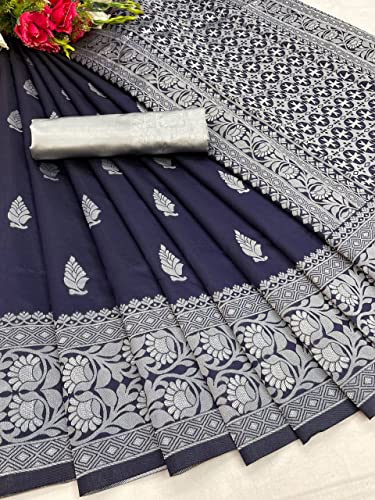 Women's Navy Silk Saree Indian And Pakistani Festival Sari With Blouse Material (NES8194 Navy 3)