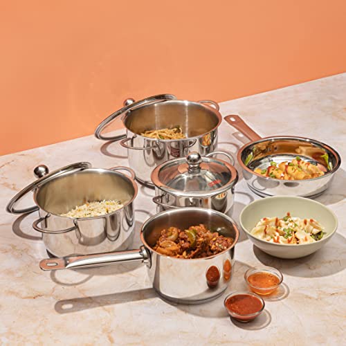 Vinod Stainless Steel Induction Friendly Tuscany Set 5 Pieces - Saucepan (14 cm/1.3 Litre), 3 Cassseroles (14 cm,16 cm & 18 cm/1.3,2 & 2.8 Litre), Frypan (18 cm) & 3 Glass Lids