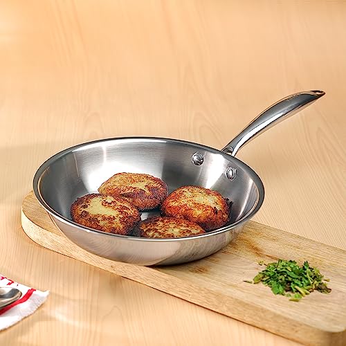 Vinod Platinum Triply Stainless Steel Frypan 20 cm Diameter with Riveted Sturdy Handle (Induction and Gas Stove Friendly) - Silver, 5 Years Warranty