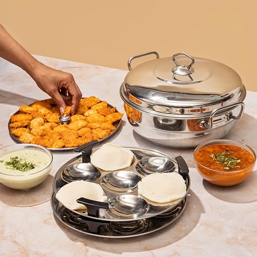 Vinod 6 Pc Stainless Deluxe Multi Kadai Set: 2 Idli Plates,2 Dhokla Plates,1 Patra Plate & 1 Mini Idli Plate- 2Yr Warranty,Silver (Induction Friendly)