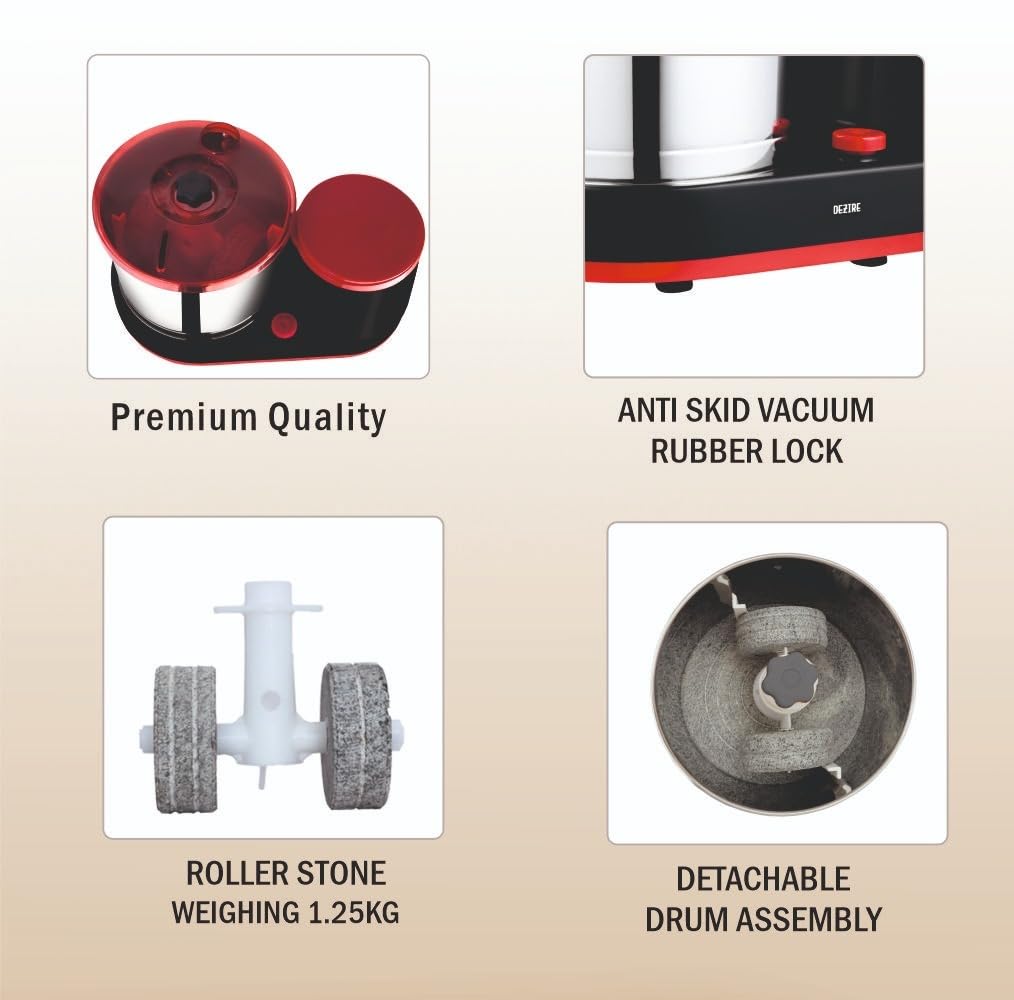 VIJAYALAKSHMI | Dezire 2 Litre | Heavy ABS Body Wet Grinder, 2L (Black & Red) | with Coconut Scrapper & Atta Kneader Attachment.