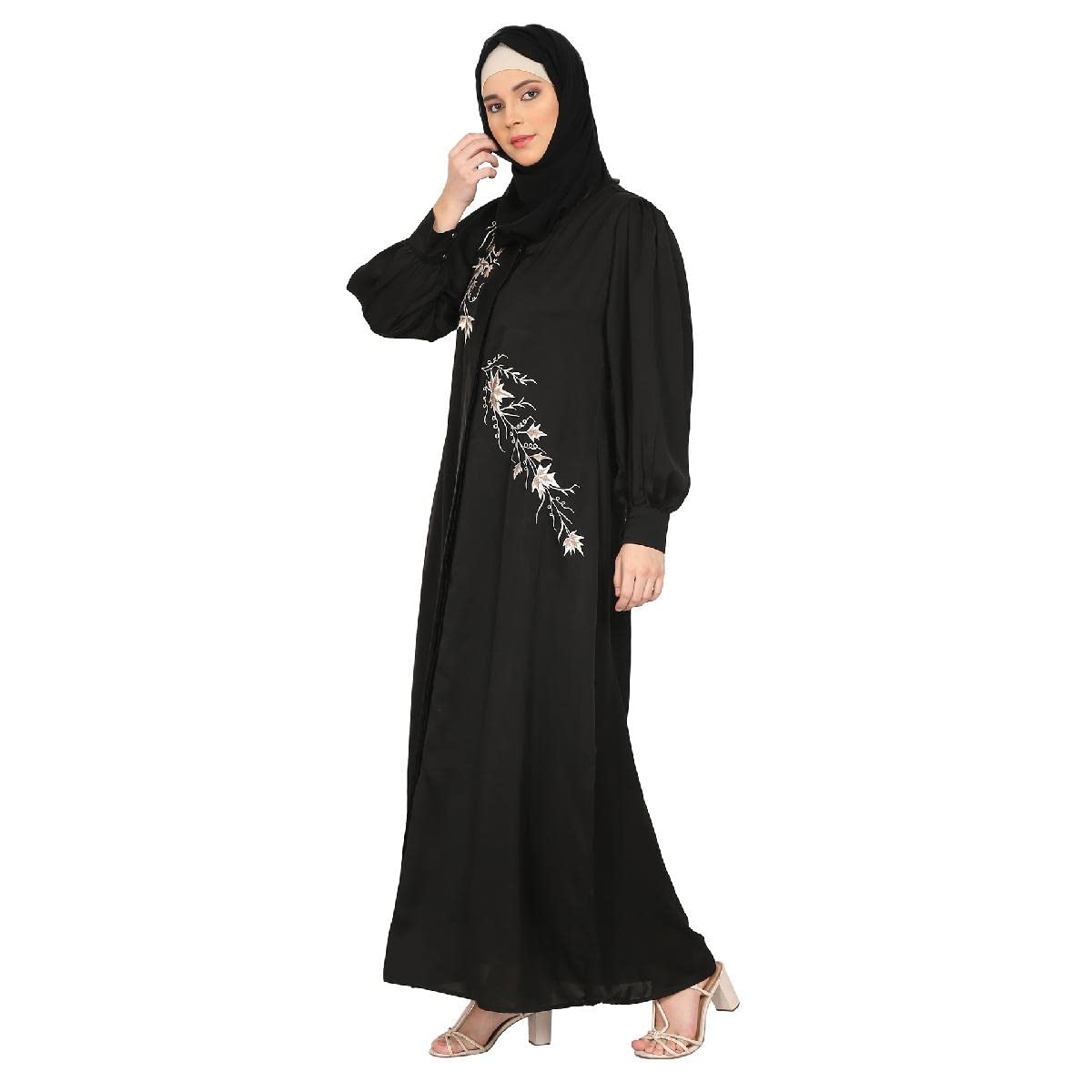 BT - Being Traditional Women’s Front Open Embroidery Abaya in Dubai Nida Fabric with Long Cuff Sleeves & Side Pocket (BT-EFOA-001) (L, Black)