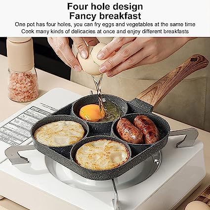 ZDQTRA 4 Hole Non Stick Egg Frying pan with Detachable Wooden Handle,Multi Purpose Frying pan for Omelet uttapam idli Burger Poached Egg Kitchen Breakfast (1 pcs/Multicolor)