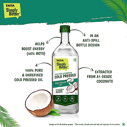 Tata Simply Better Pure and Unrefined Cold Pressed Virgin Coconut Oil, Naturally Cholesterol Free, Kolhu/Kacchi Ghani/Mara Chekku/Ganuga, 1L, Rich Aroma & Flavour of Real Coconuts, A1 Grade Coconuts