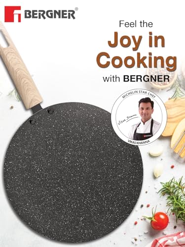 BERGNER Earth Black Non-Stick 26 cm Concave Tawa, Wooden Finish Soft Touch Handle, 3mm Thickness, Consumes Less Oil, Even Heat Distribution, White Marble Splatter, Induction Bottom and Gas Ready