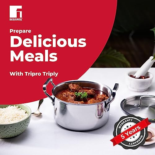 Bergner Tripro Triply Cook and Serve Casserole/ Biryani Pot/ Handi with Stainless Steel Lid, 28 cm, 3.8 Litres, Heavy Bottom Induction and Gas Ready, New Improved Handles for firmer Grip, Silver