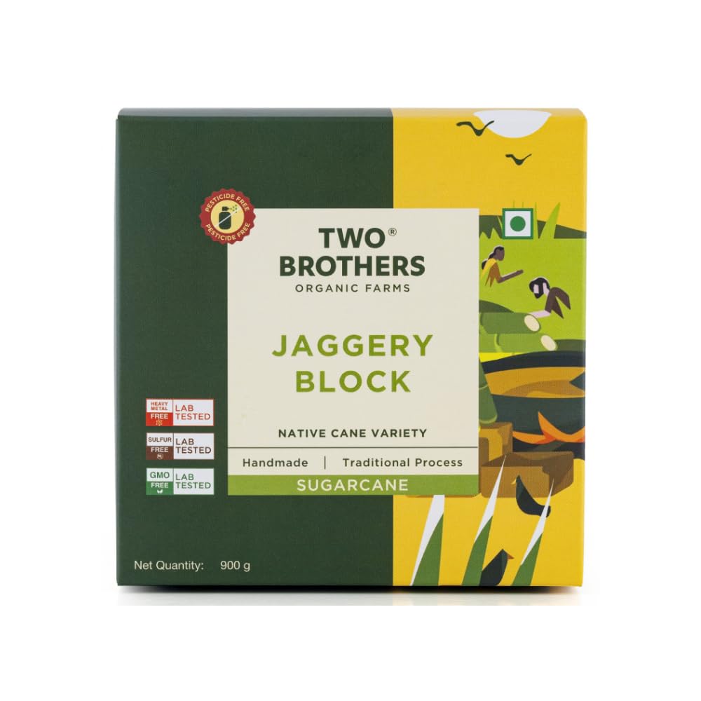 Two Brothers Organic Farms - Handmade Sugarcane Jaggery Block (900g) | Unrefined, Preservative-Free, Nutrient-Rich Gud | Iron-Boosting | Healthy Sugar Substitutes