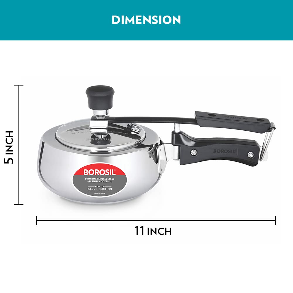 Borosil Pronto 1 L Inner Lid Stainless Steel Pressure Cooker | 6.8 mm Thick Base, Even Heat Distribution | Gas & Induction Campatible | 5 Years Warranty