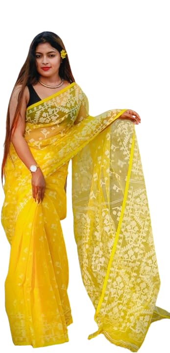 Women's Traditional Bengal Cotton Silk Jamdani Saree Without Blouse Piece (Yellow)