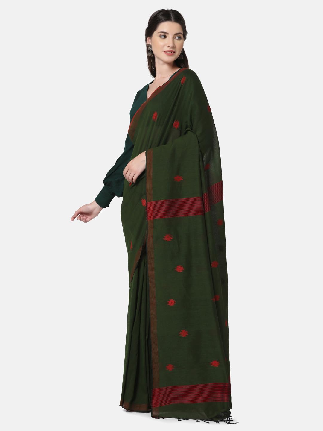 THE WEAVE TRAVELLER Handloom Green Cotton Jamdani Saree With Attached Unstitiched Blouse