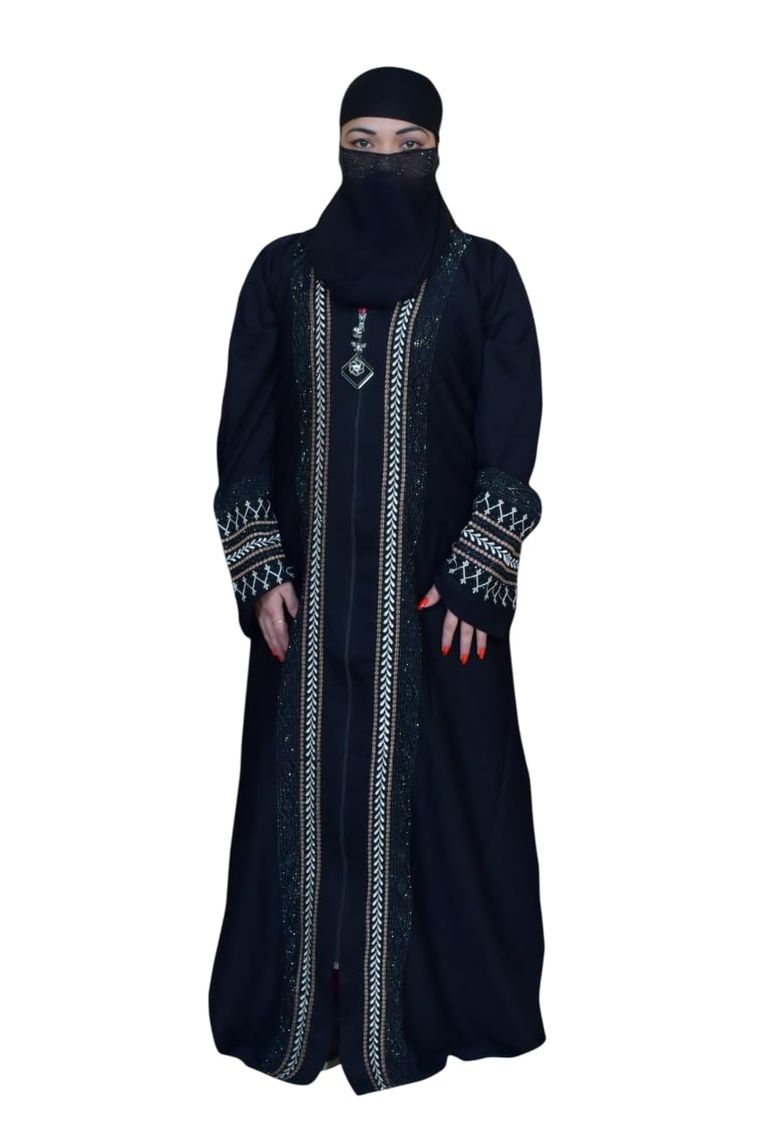 Women's Pure Cotton Muslim Abaya Burqa Bhurkha with Hijab | Dubai Style Front Patti and Sleeves Embroidery Dubai Abaya Kaftan Kaftan (Free Size)