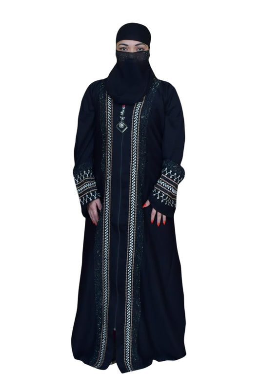 Women's Pure Cotton Muslim Abaya Burqa Bhurkha with Hijab | Dubai Style Front Patti and Sleeves Embroidery Dubai Abaya Kaftan Kaftan (Free Size)