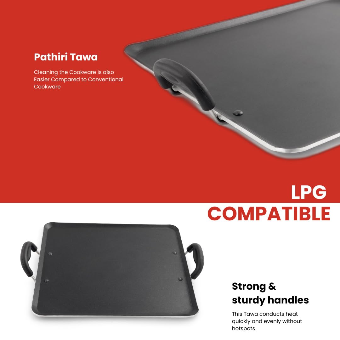 Blueberry's Nonstick Tawa, Dosa Roti Chapati Pathiri Tawa, Large Rectangular Aluminium Body, 38cm x 33cm with 4mm Thickness -Black (Pathiri Tawa)