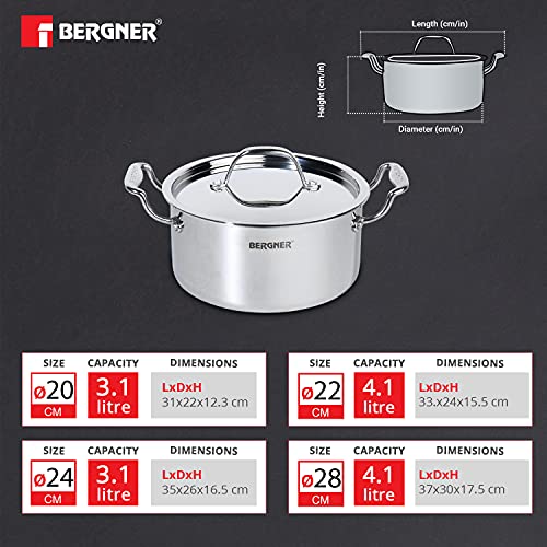 BERGNER Argent Tri-Ply Stainless Steel Casserole With Stainless Steel Lid (22 Cm, 4.1 Litres, Induction Base, Silver),Non-Stick, 4.1 Liter