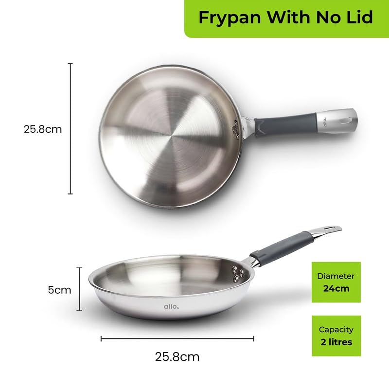 Allo Stainless Steel Triply Fry Pan/Skillet for Curry/Stir-Fry/Deep-Fry/DryVeg/Sauté/Cooking Induction Friendly, Naturally Non-Stick with Handle Steel Pan | 10 Years Warranty, 24cm, 2 litres