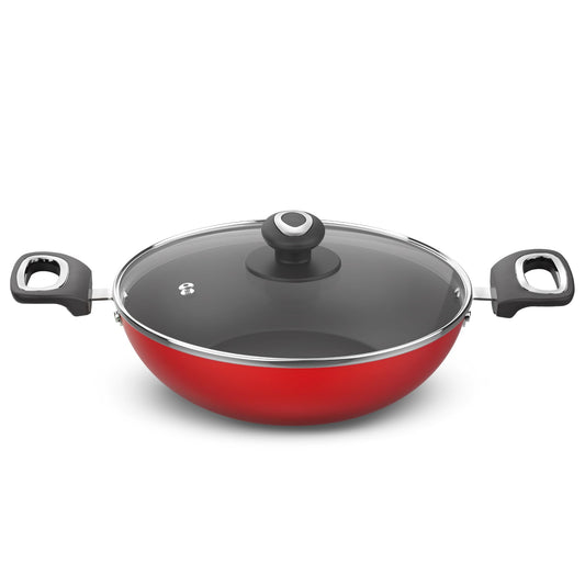 Preethi Dura Collection Non Stick Kadai, 24 cm, with Glass Lid, Gas & Induction Compatible, 5 Star Non Stick Effect, Chilly Red