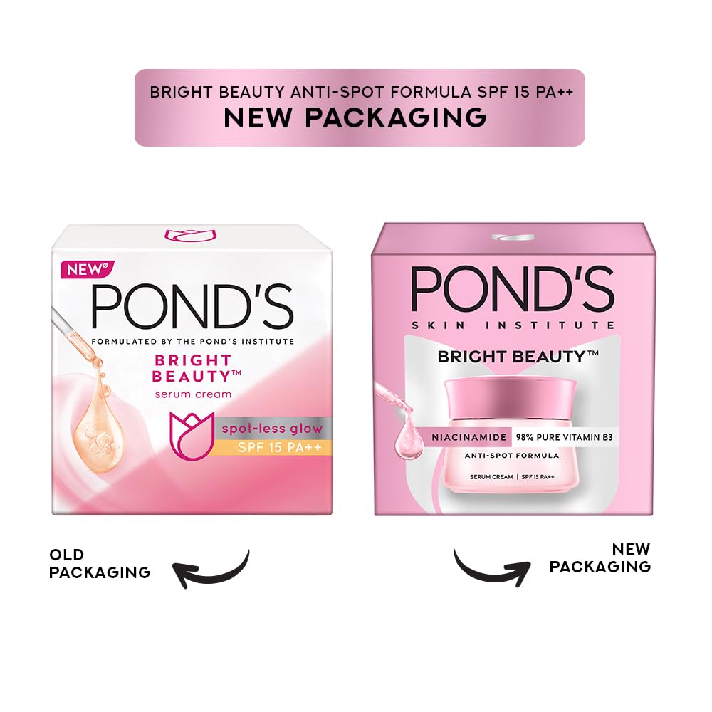 4x Pond's Bright Beauty Anti-Spot Serum Cream with Niacinamide and SPF 15 PA++, Fades Dark Spots and Reveals Bright Skin, 50g each - Pack of 4