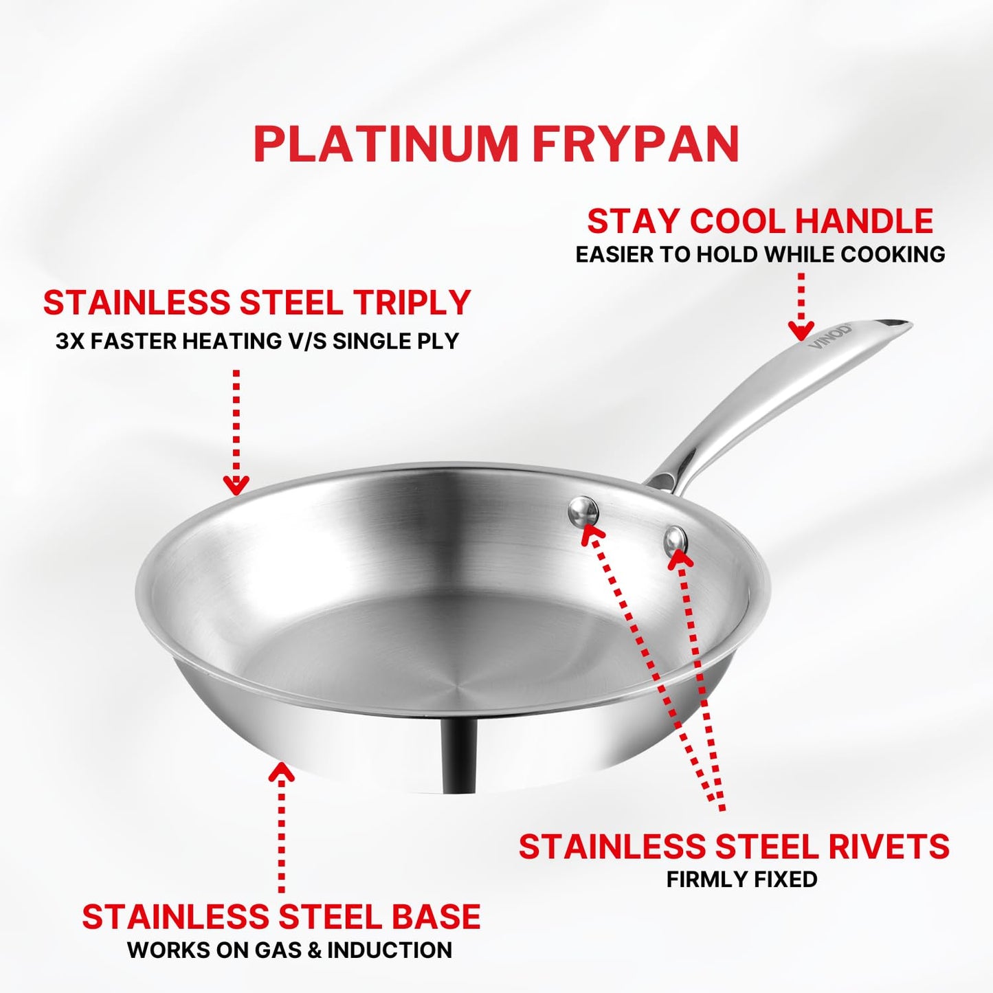 Vinod Platinum Triply Stainless Steel Frypan 20 cm | 2.5 mm Thick | Steel Pan | Scratch Resistant | 5 Year Warranty | Induction & Gas Friendly, Heavy Bottom