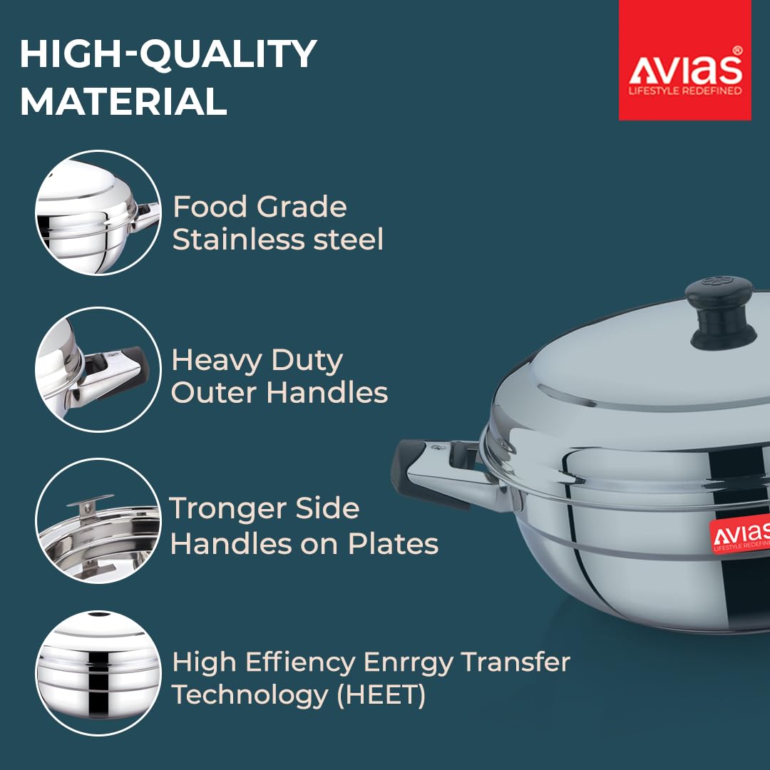 AVIAS All Rounder Premium Stainless Steel Induction Friendly Multipurpose Kadai, Kadhai Set with 6 Plates (1 Mini Idly Plate, 2 Big Idli Plates-14 Idlies, 2 Dhokla Plates, 1 Steamer Plate)