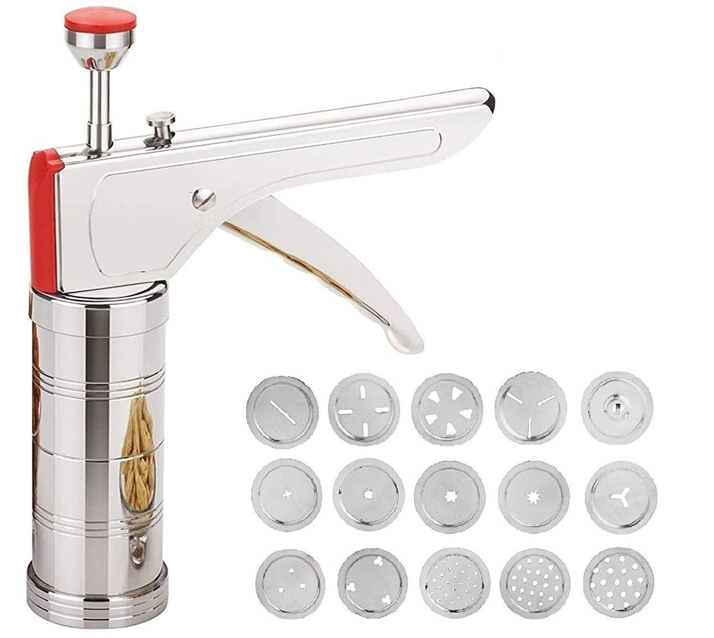 Wazdorf Stainless Steel Kitchen Press with 15 Different Types of Jalies, Murukku Maker/Bhujiya Maker/Noodles/Cookies/Namkeen/Chakali Maker/Sev Maker/Farsan Maker/Gathiya Maker