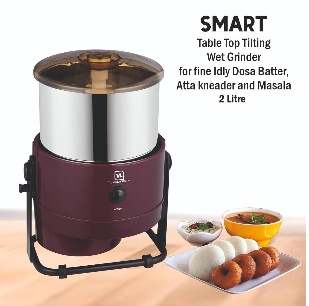 VIJAYALAKSHMI | Smart 2 Litre | Heavy ABS Body with Metal Stand Wet Grinder, 2L (Maroon) | with Coconut Scrapper & Atta Kneader Attachment.
