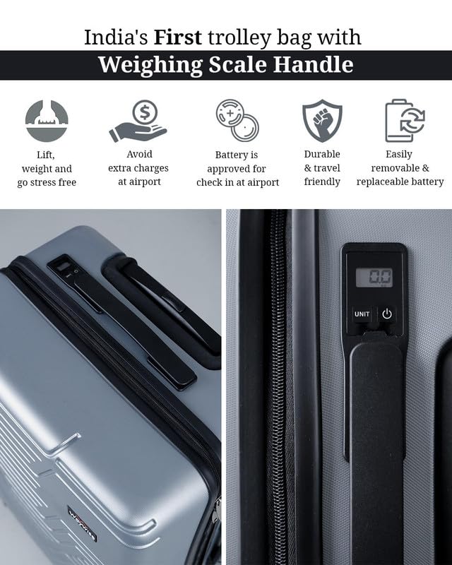 WAYWISE ScaleX Checkin Luggage|India's First Built in Weighing Scale Handle| M-65cm|TSA Lock | Poly-Carbonate Hardsided Anti-Scratch| 8 Wheel Luggage |with Laundary Bag |5 Years Warranty (Silver)