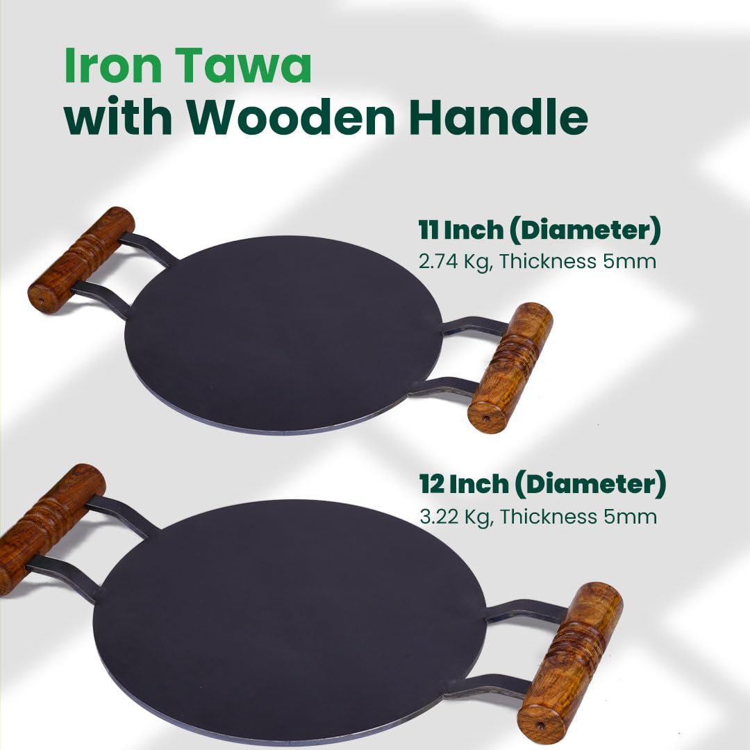 The Indus Valley Pre-Seasoned Round Iron Tawa with Wooden Handle | 12inch/30.4cm - 3.22kg | Induction Friendly | Pre-Seasoned Tawa, 100% Pure & Toxin-Free, No Chemical Coating