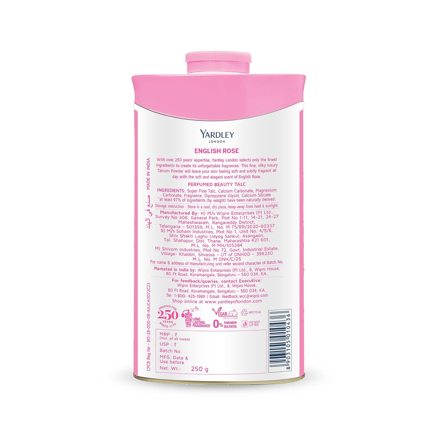 4x Yardley London English Rose Perfumed Talc| Fragrant Beauty Talc for Women| Smooth texture| 250g each - Pack of 4