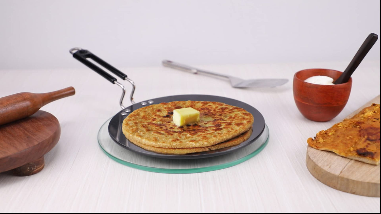 Vinod Black Pearl Hard Anodised Tawa - 30 cm | 5.25mm Thickness | Metal Spoon Friendly | Riveted Sturdy Handle | Long Lasting Roti, Paratha Tawa | 2 Year Warranty | Toxin Free