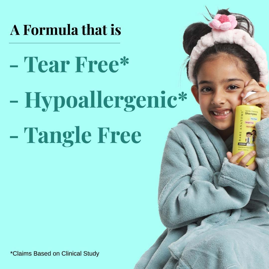 Bare Anatomy Junior Gentle Cleansing Shampoo For Kids from 5-12 Years | Tear-Free & Hypoallergenic pH 5.5 | Coconut Milk Protein, Almond Oil, Vitamin E & Strawberry | SLS & Paraben Free | Vegan -250ml