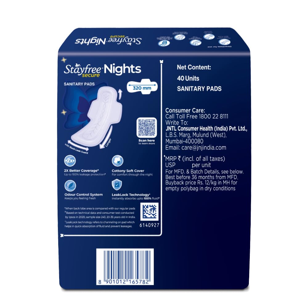 Stayfree Secure Nights XXL | 40 Pads| Cottony Soft Sanitary Pads for Women | Upto 100% leakage protection | Buy XXL at XL price | Absorbs 2x Faster with Wider Back |