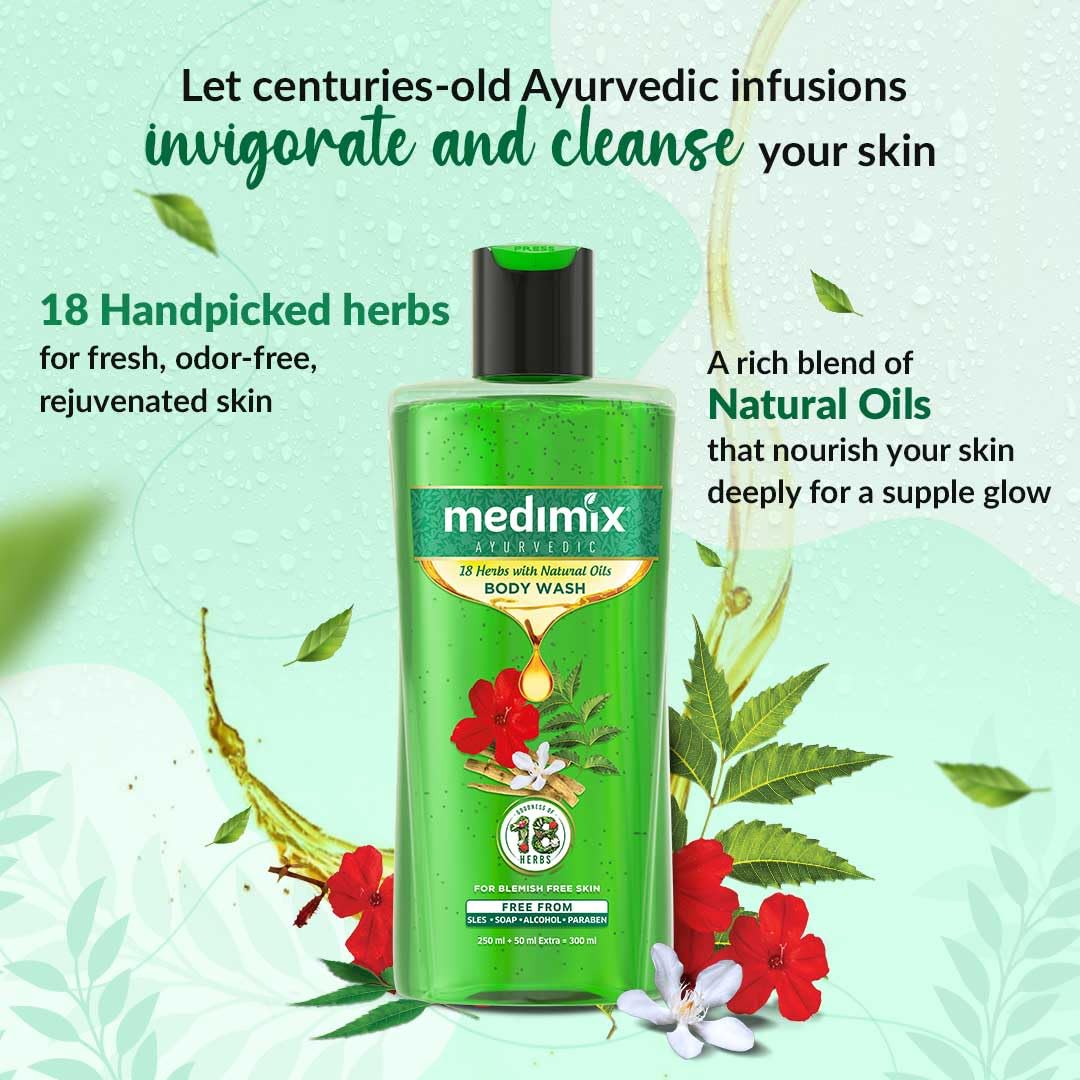 3x Medimix Ayurvedic Bodywash 18 Herbs & Natural Oils | Herbal | Paraben-free & Sulphate-free 300ml each - Pack of 3